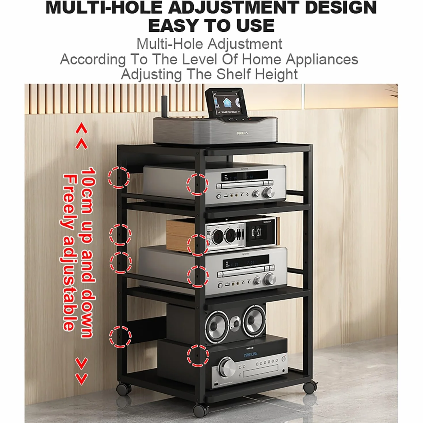 Le AV Tour nd avec roues universelles – Rack multima Sto réglable pour salon, home cinéma et salle de jeux – Noyer h, 50 x 40 x 48,5 cm