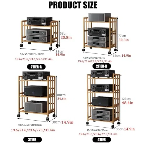 Tour HiFi réglable à 4 niveaux en bois avec roulettes – Support multimédia AV pour salon, studio de jeux et d'enregistrement – Rangement audio élégant (70 x 38 x 123 cm)