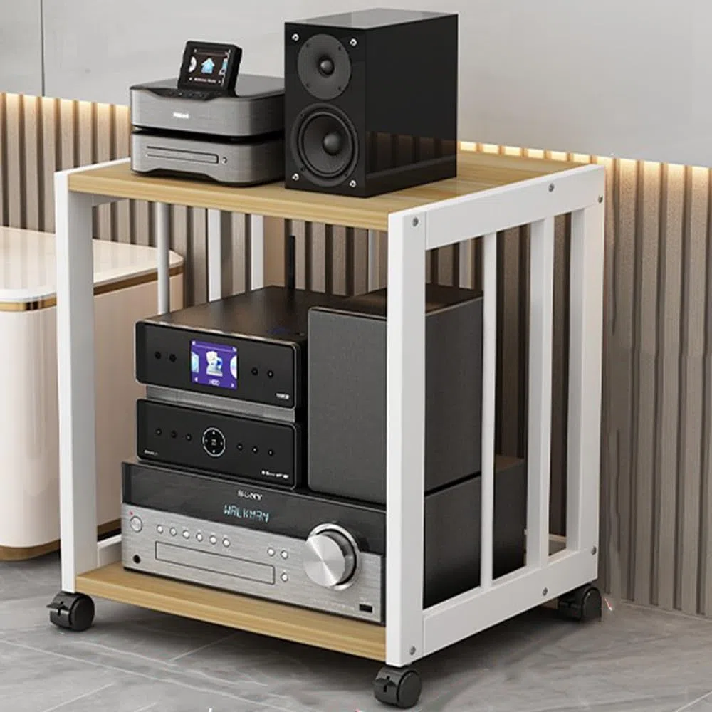 Rack HiFi à 2 niveaux avec roulettes – Étagère mobile pour tourne-disque et armoire Sto pour jeux, consoles, appareils électroniques – Blanc et noyer clair