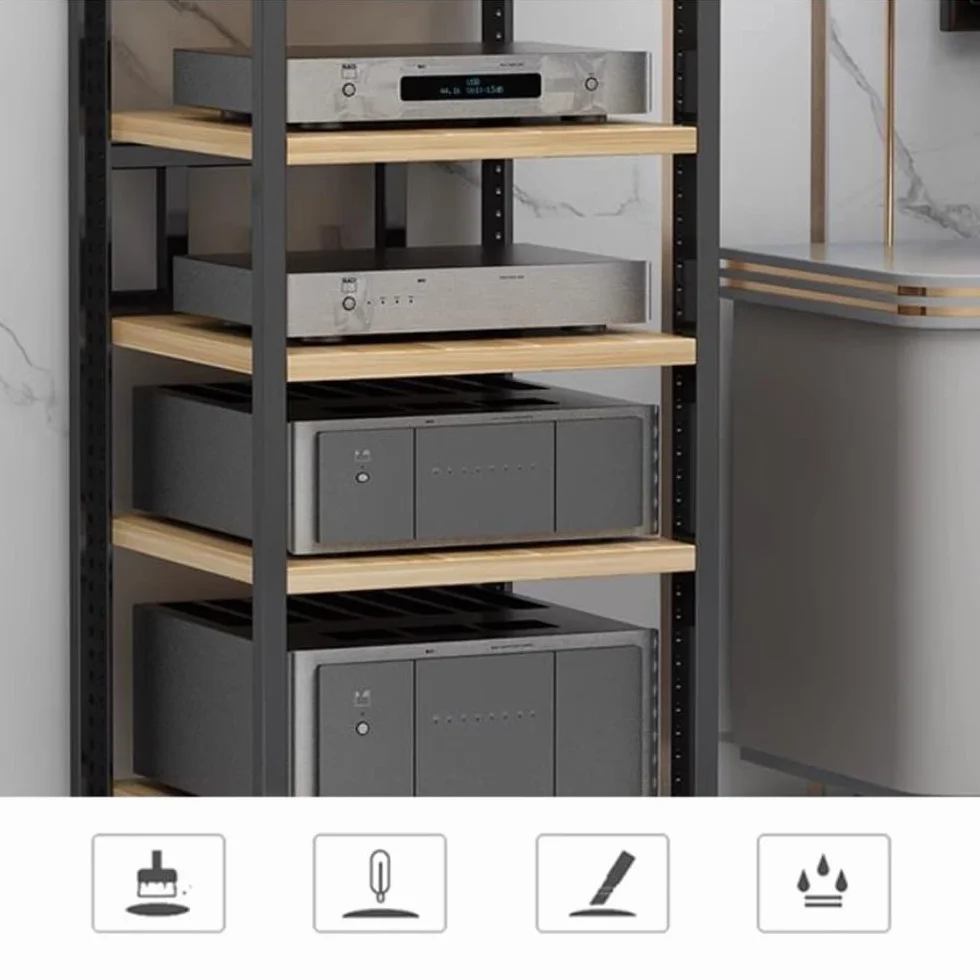 Rack AV réglable à 3 niveaux pour tourne-disque, armoire moderne noire et en bois, pour home cinéma et étagère Equint, parfait pour les systèmes de divertissement