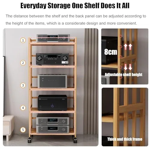 Tour HiFi réglable à 4 niveaux en bois avec roulettes – Support multimédia AV pour salon, studio de jeux et d'enregistrement – Rangement audio élégant (70 x 38 x 123 cm)