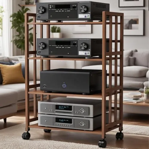 Tour HiFi réglable à 4 niveaux en bois avec roulettes – Support multimédia AV pour salon, studio de jeux et d'enregistrement – Rangement audio élégant (70 x 38 x 123 cm)