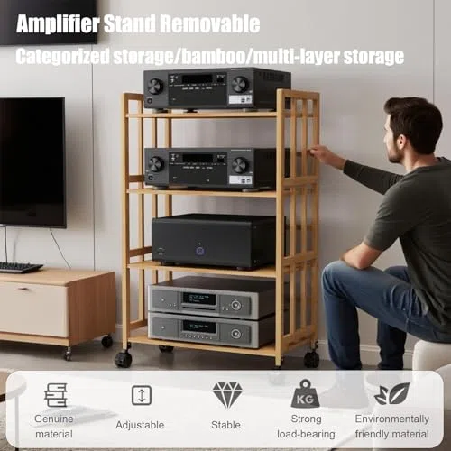 Tour HiFi réglable à 4 niveaux en bois avec roulettes – Support multimédia AV pour salon, studio de jeux et d'enregistrement – Rangement audio élégant (70 x 38 x 123 cm)