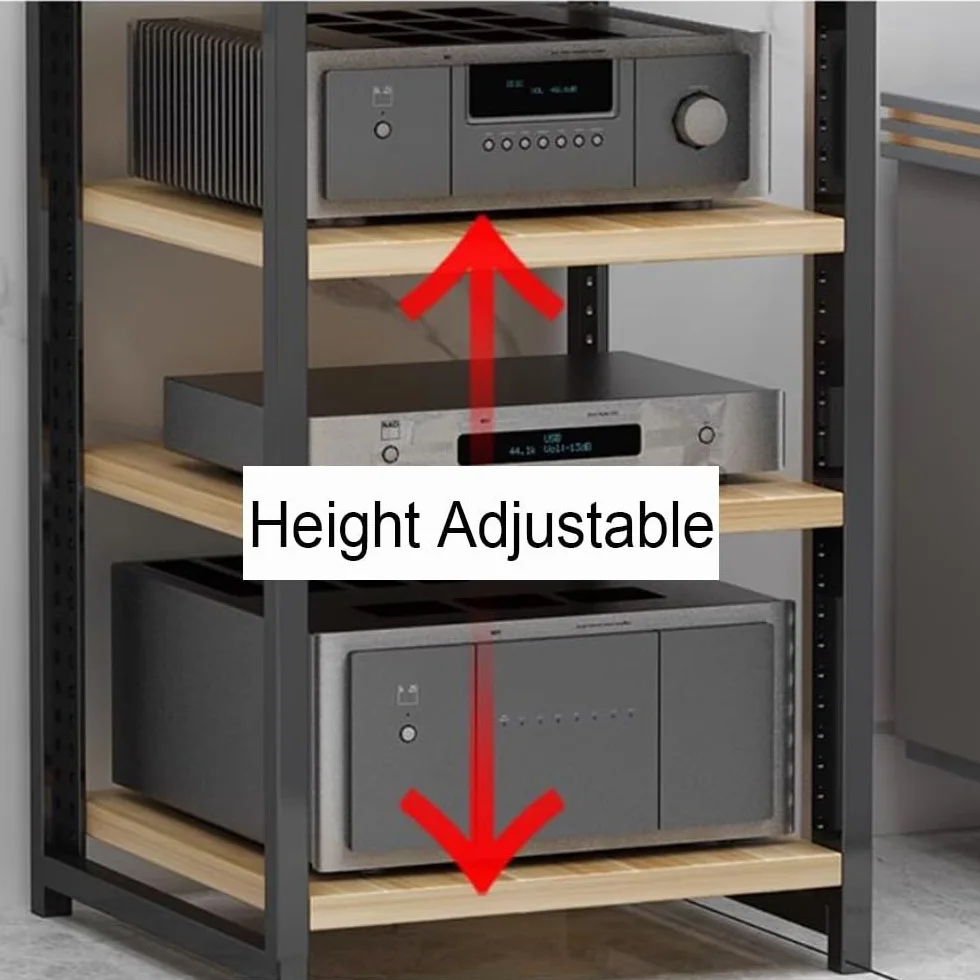 Rack AV réglable à 3 niveaux pour tourne-disque, armoire moderne noire et en bois, pour home cinéma et étagère Equint, parfait pour les systèmes de divertissement